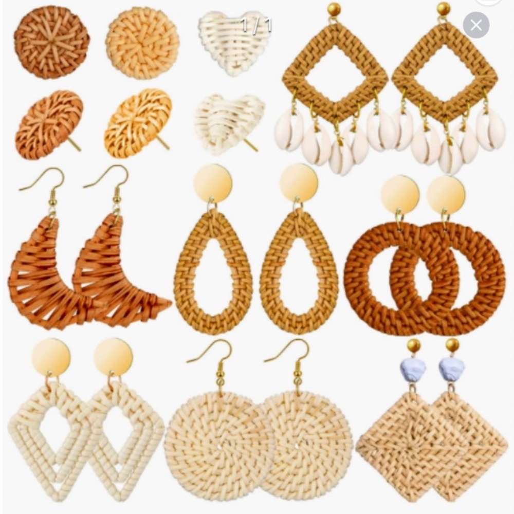 10 pairs of rattan woven bohemian style earrings handmade Art Deco
